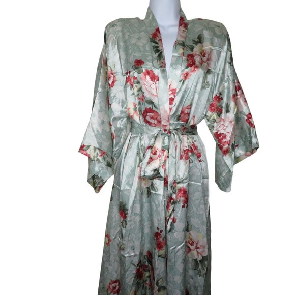 Vintage California Dynesty Full Length Satin Robe Green Floral Shoulder Pads NEW - Picture 6 of 12